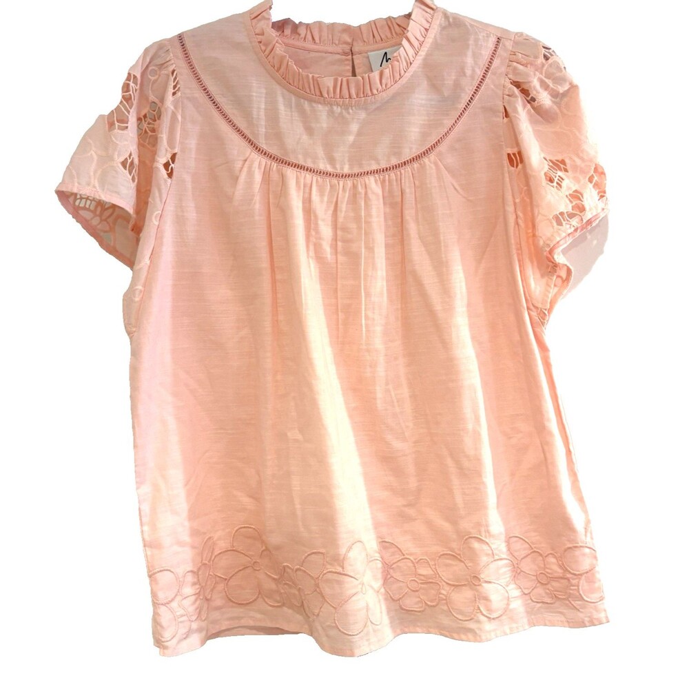Mira Blouse Women's M Pink Eyelet Floral Top Cotton Embroidered Lined Boho NEW